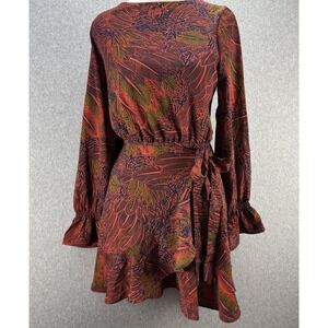 Boutique Faux Wrap Top Boho Leaf Print Tie Waist Long Sleeve Small